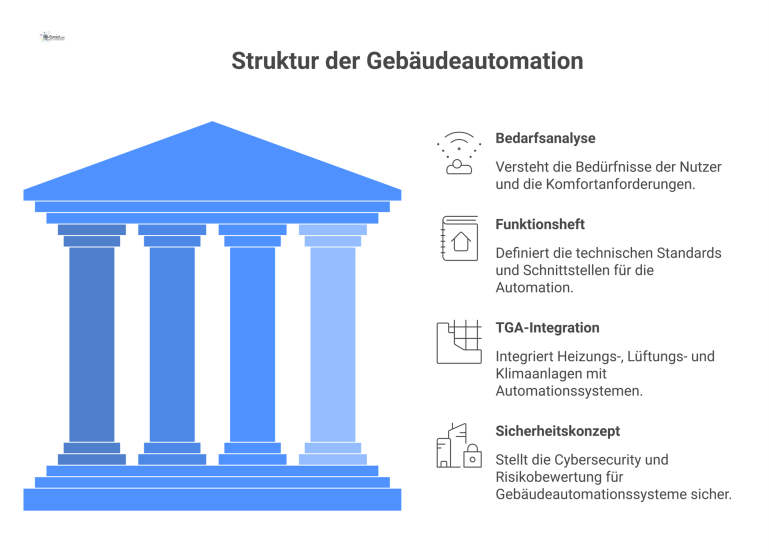  Diagramm zur Planung von Gebäudeautomation, das vier Bereiche zeigt: Bedarfsanalyse, Funktionsheft, TGA-Integration und Sicherheitskonzept, jeweils mit passenden Icons.