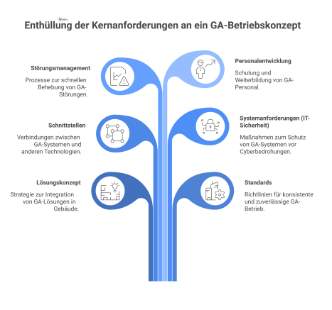  Infografik, die die Kernanforderungen an ein GA-Betriebskonzept darstellt, inklusive der Bereiche Lösungskonzept, Standards, Schnittstellen und Personalentwicklung. 