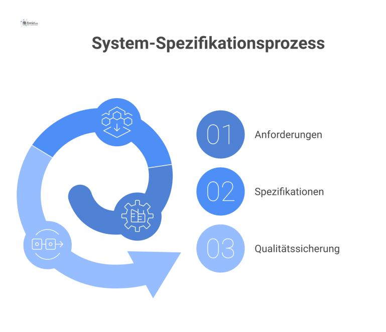 Ein hierarchisches Diagramm, das den Prozess von der Anforderung zur Spezifikation mit den Hauptästen Anforderungen, Spezifikationen und Qualitätssicherung darstellt. 