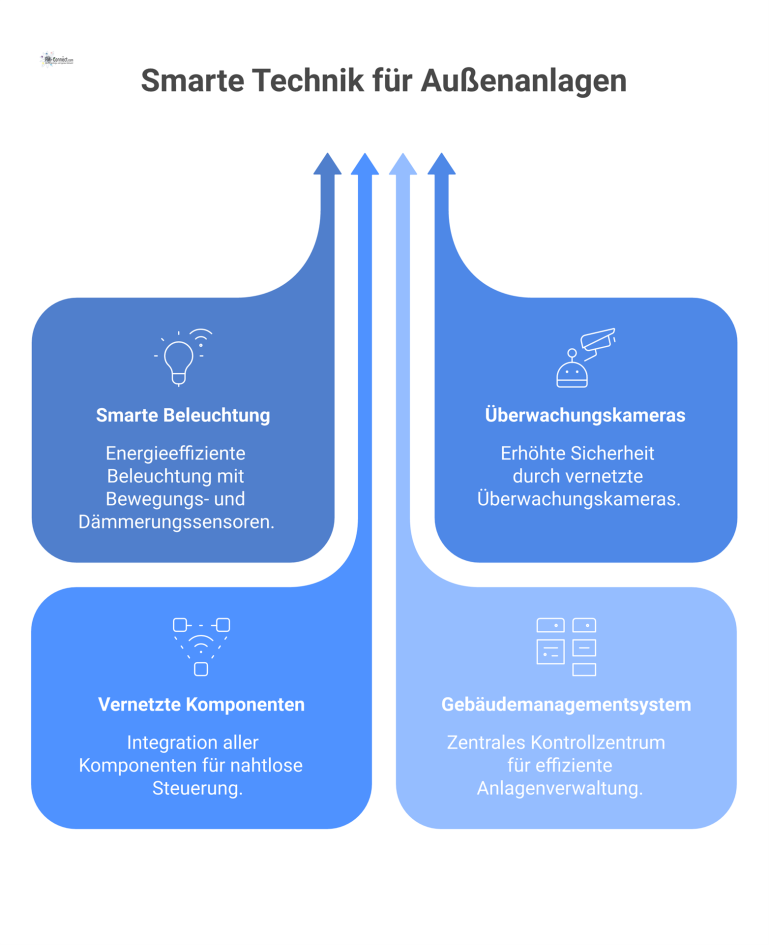  Infografik zeigt einen Außenbereich mit smarter, vernetzter Beleuchtung und Kameras, die von einem zentralen Gebäudemanagementsystem gesteuert werden.