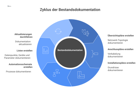  Ein Hub-and-Spoke-Diagramm zur Bestandsdokumentation, das die Hauptbestandteile wie Pläne, Schemata und Listen darstellt, mit einem Pfeil für stetige Aktualisierung.