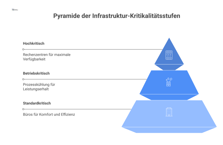 Ein Pyramiden-Diagramm zeigt die drei Kritikalitätsstufen von Infrastruktur: Hochkritisch (Spitze), Betriebskritisch (Mitte) und Standardkritisch (Basis).