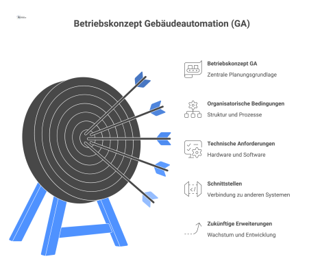 Strukturschaubild des Betriebskonzepts für Gebäudeautomation mit seinen Hauptbestandteilen: Organisation, Technik, Schnittstellen und zukünftige Erweiterungen.