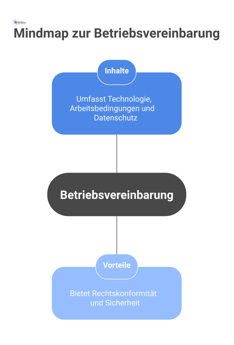 Mindmap-Diagramm zum Thema Betriebsvereinbarung, das die Hauptäste für Inhalte und Vorteile mit den entsprechenden Unterpunkten darstellt.