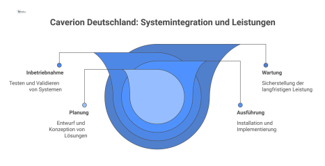 Diagramm von Caverion Deutschland als Systemintegrator, das den Prozess der Kernleistungen, die Firmenstruktur und die Zielmärkte visualisiert.