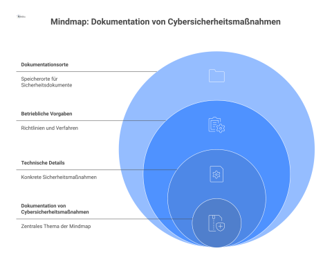  Ein Mindmap-Diagramm zur Dokumentation von Cybersicherheitsmaßnahmen mit Ästen für technische Details, betriebliche Vorgaben und die verschiedenen Dokumentationsorte.