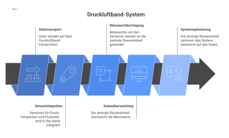 Infografik eines Druckluftbands mit Sensoren, die Messwerte zur Überwachung an eine zentrale Steuereinheit zur Optimierung senden. 