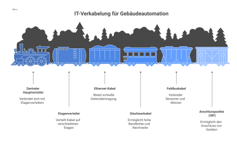 Diagramm einer strukturierten IT-Verkabelung für Gebäudeautomation, das Hauptverteiler, Etagenverteiler und verschiedene Kabeltypen zu den Anschlusspunkten zeigt.
