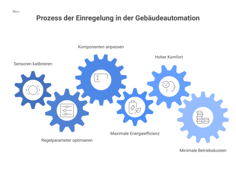  Infografik zum Prozess der Einregelung, der von drei Aktionen zu den Zielen Energieeffizienz, Komfort und Kostenersparnis führt.