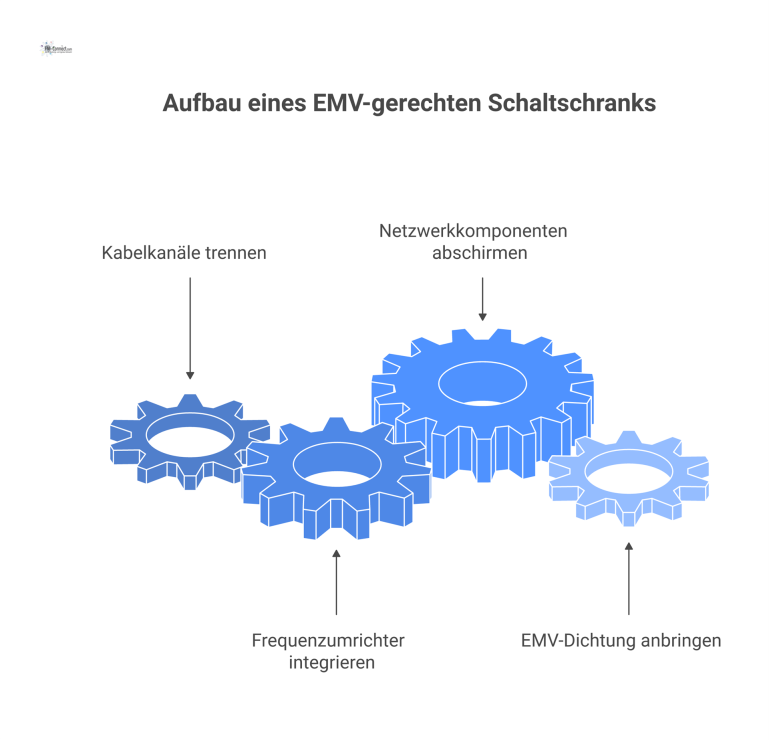 Aufbau eines EMV-gerechten Schaltschranks Diagramm eines EMV-Schaltschranks mit getrennten Kabelkanälen für Leistung, Signal und Bus, Frequenzumrichter und einem abgeschirmten Netzwerkbereich.