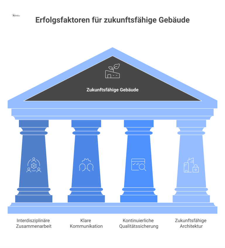 Vier verbundene Säulen visualisieren die Erfolgsfaktoren für zukunftsfähige Gebäude: Zusammenarbeit, Kommunikation, Qualitätssicherung und eine zukunftsfähige Architektur. 