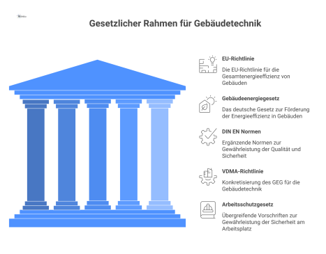  Infografik zum gesetzlichen Rahmen für Gebäudetechnik, die hierarchisch die EU-Richtlinie, das GEG, DIN-Normen und VDMA-Richtlinien darstellt.