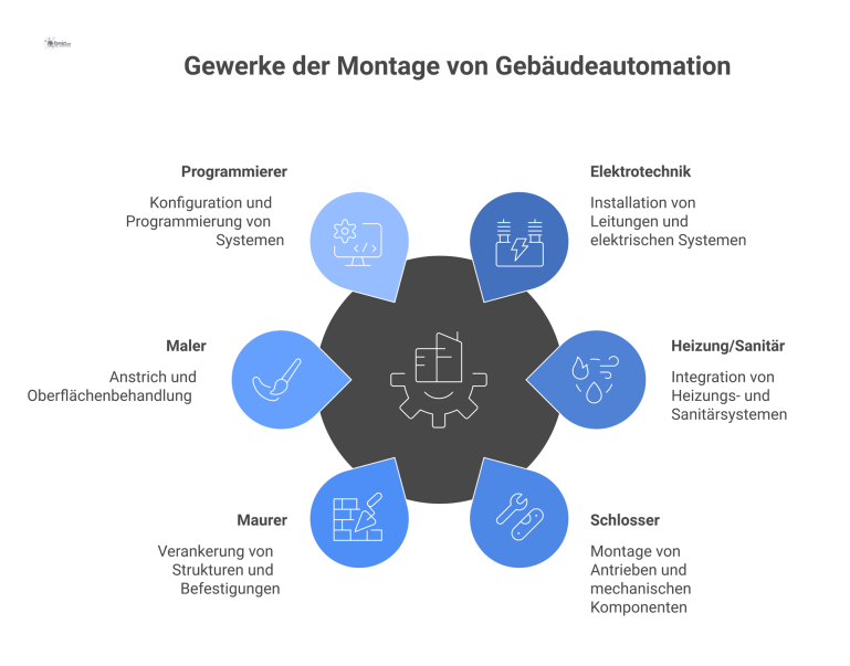 Gewerke der Montage von Gebäudeautomation Hub-and-Spoke-Diagramm mit dem zentralen Thema 'Montage Gebäudeautomation' und den sechs beteiligten Gewerken als Speichen mit ihren Kernaufgaben.