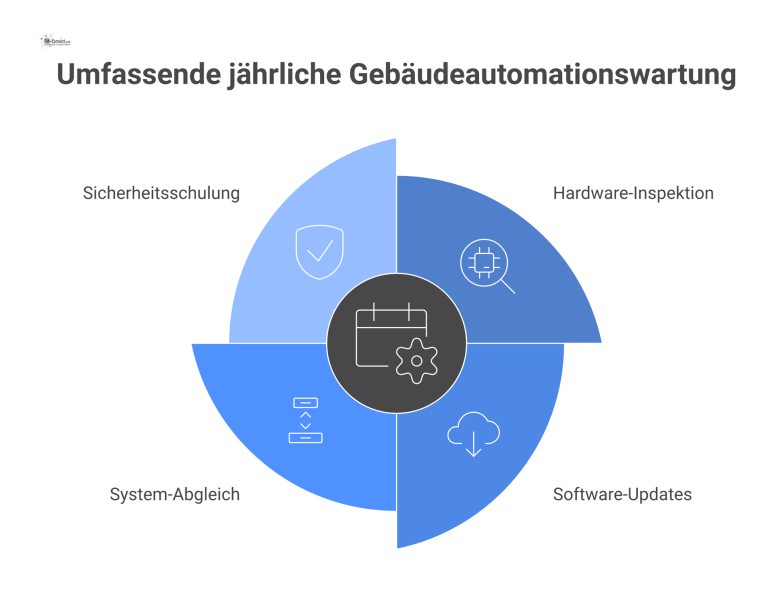 Ein Diagramm zur jährlichen Wartung von Gebäudeautomation mit den Hauptbereichen Hardware, Software, System-Abgleich und Personal.