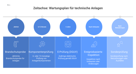  Zeitachse eines Wartungsplans, die geplante und ereignisbasierte Maßnahmen für technische Anlagen, wie Prüfungen und Inspektionen, visuell darstellt. 