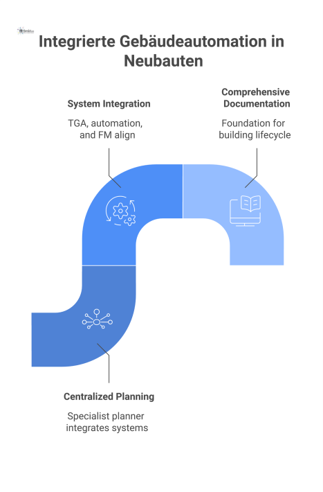 Diagramm des Prozesses der integrierten Gebäudeautomation, das die Vernetzung von TGA, Automationssystem und Facility Management in Neubauten darstellt.