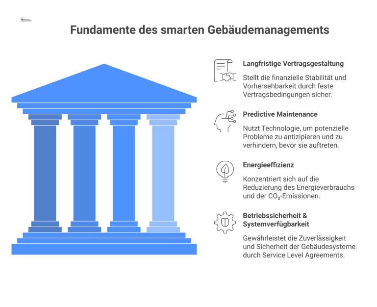 Vier Säulen des smarten Gebäudemanagements Infografik, die vier verbundene Säulen des smarten Gebäudemanagements zeigt: Vertragsgestaltung, Predictive Maintenance, Energieeffizienz und Betriebssicherheit mit Icons.