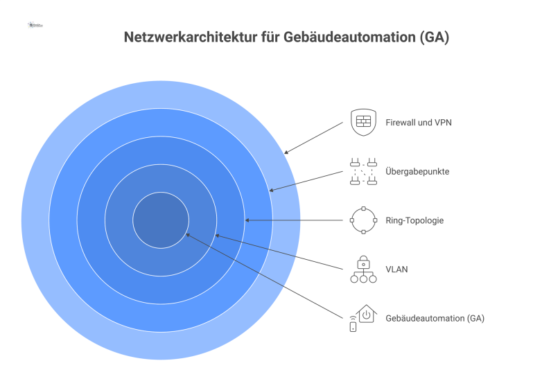 Netzwerkarchitektur für Gebäudeautomation (GA) Diagramm einer Netzwerkarchitektur für Gebäudeautomation, integriert als VLAN mit Feldgeräten in Ring-Topologie, Firewall und sicherem VPN-Zugriff.