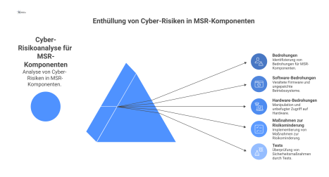  Infografik zur Cyber-Risikoanalyse für MSR-Komponenten, die links Bedrohungen und rechts Maßnahmen zur Risikominderung durch Tests darstellt.