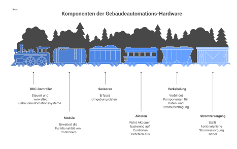  Technisches Diagramm einer Gebäudeautomation mit offenem Schaltschrank, DDC-Controllern, Verkabelung zu Sensoren und Aktoren sowie redundanter Stromversorgung.