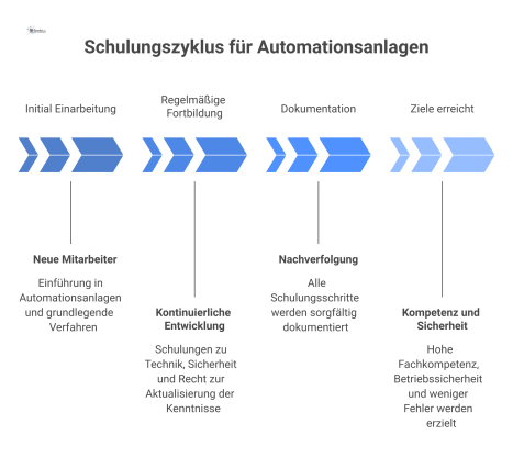  Diagramm des Schulungszyklus für Automationsanlagen, das die Phasen Einarbeitung, Fortbildung und Dokumentation zur Erhöhung der Fachkompetenz und Betriebssicherheit zeigt. 