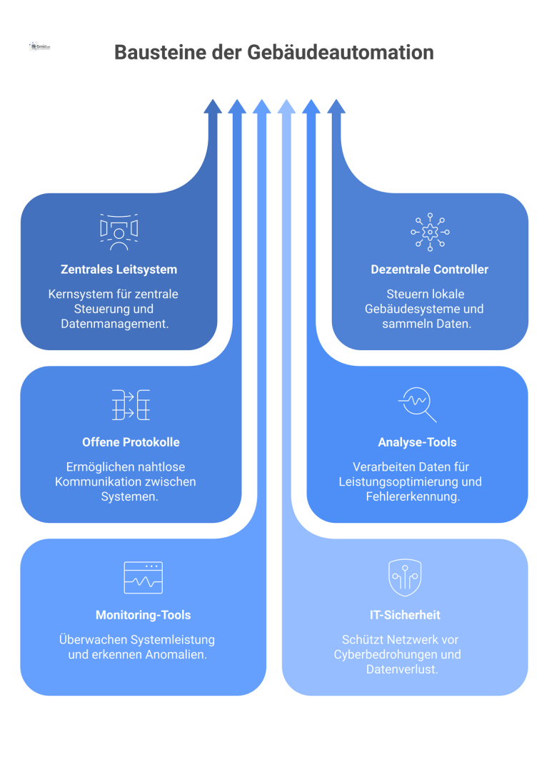  Infografik einer Gebäudeautomations-Architektur mit zentralem Leitsystem, Controllern, Datenflüssen über BACnet/KNX und einem Schutzschild für die IT-Sicherheit.