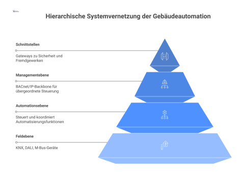 Diagramm der hierarchischen Gebäudeautomation mit Management-, Automations- und Feldebene sowie seitlichen Schnittstellen zu Sicherheitssystemen und Fremdgewerken über Gateways.