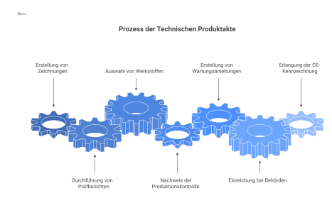  Infografik der technischen Produktakte mit den Elementen Zeichnungen, Prüfberichte und den Akteuren wie Hersteller, Behörden und Facility Management.