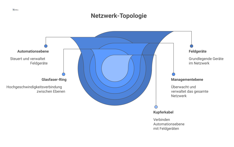 Diagramm einer Netzwerk-Topologie Netzwerk-Topologie mit Managementebene, über Glasfaser-Ring mit Automationsebene verbunden, welche sternförmig mit Feldgeräten verbunden ist und einen SIL-Hinweis enthält.