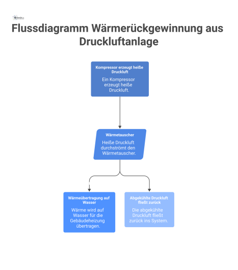 Technisches Flussdiagramm, das zeigt, wie heiße Druckluft aus einem Kompressor ihre Wärme an Wasser für die Gebäudeheizung abgibt.