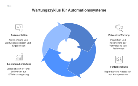  Kreislaufdiagramm eines Wartungszyklus für Automationssysteme mit den Phasen präventive Wartung, Fehlerbehebung, Leistungsüberprüfung und Dokumentation zur Effizienzsteigerung.